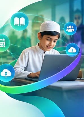 A student learning on a laptop surrounded by digital learning icons